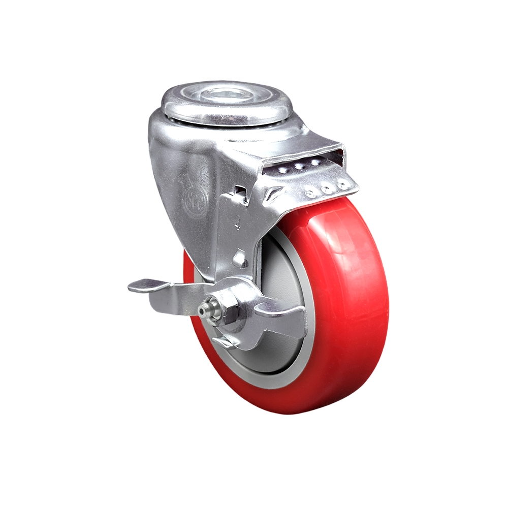 Stainless Steel Polyurethane Swivel Bolt Hole Caster w/4" x 1.25"  Red Wheel & Top Locking Brake - 350 lbs Capacity/Caster - Service Caster Brand — photo 1