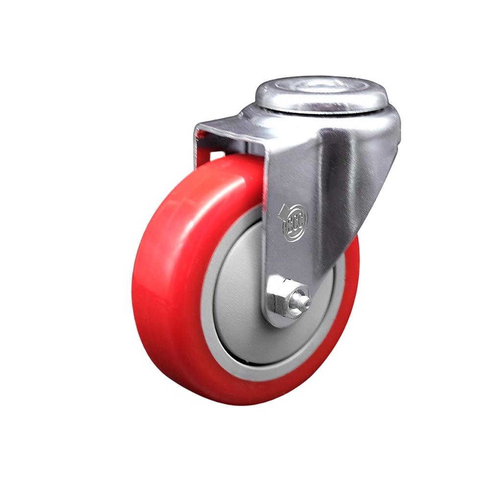 Stainless Steel Polyurethane Swivel Bolt Hole Caster w/4" x 1.25"  Red Wheel - 350 lbs Capacity/Caster - Service Caster Brand — photo 1