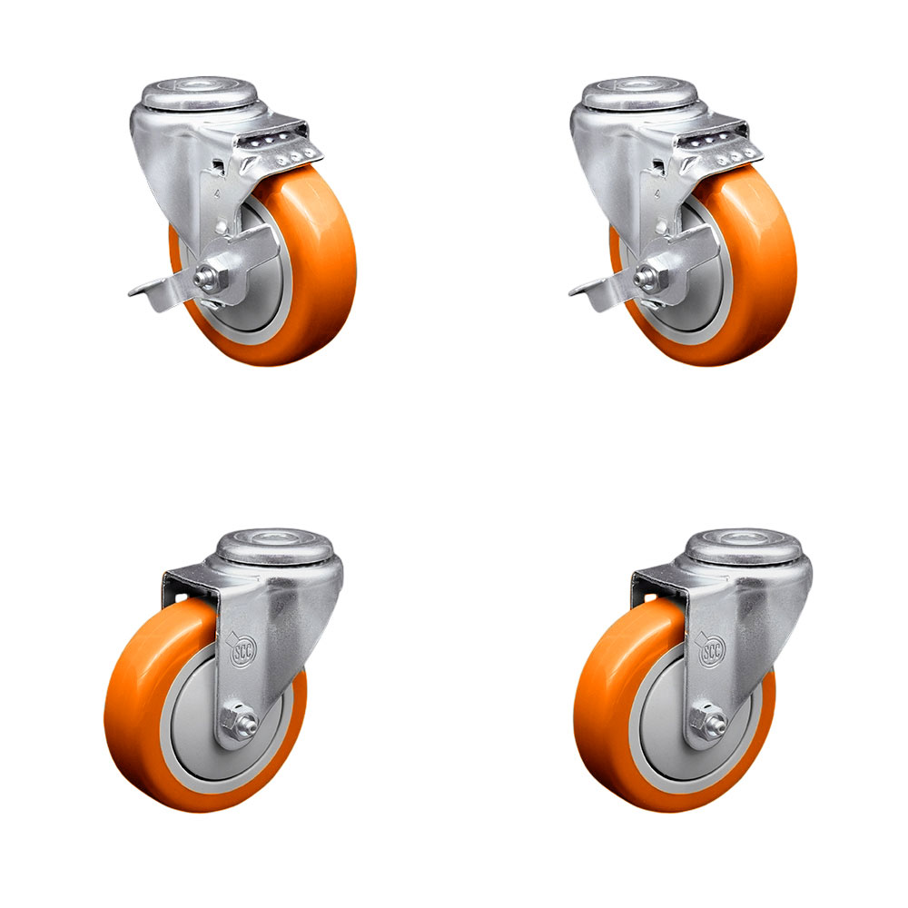 Stainless Steel Polyurethane Swivel Bolt Hole Caster Set of 4 w/4" x 1.25"  Orange Wheels - Includes 2 with Top Locking Brakes - 1400 lbs Total Capacity - Service Caster Brand — photo 1