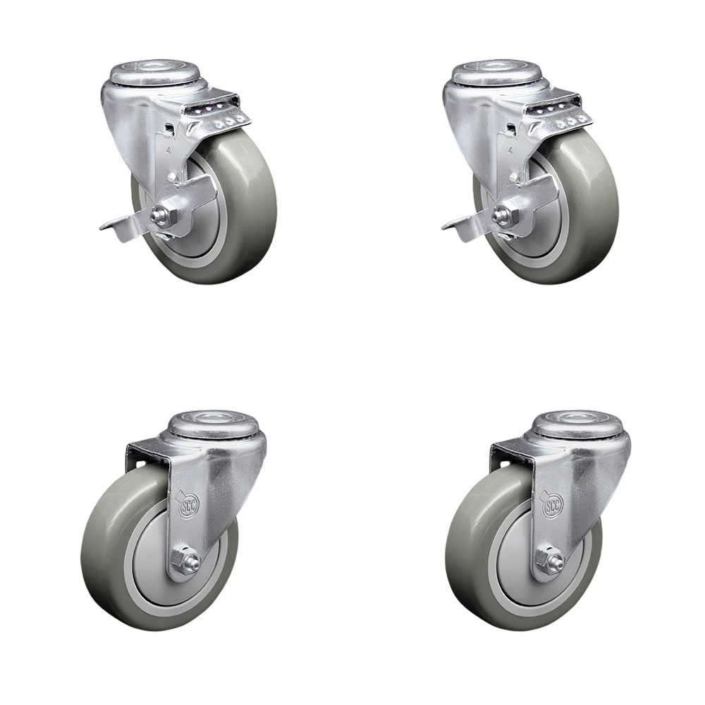Stainless Steel Polyurethane Swivel Bolt Hole Caster Set of 4 w/4" x 1.25" Gray Wheels - Includes 2 with Top Locking Brakes - 1400 lbs Total Capacity - Service Caster Brand — photo 1