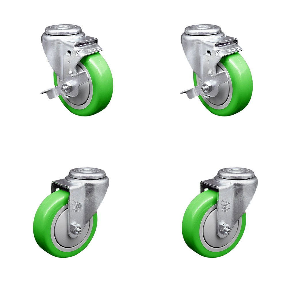 Stainless Steel Polyurethane Swivel Bolt Hole Caster Set of 4 w/4" x 1.25"  Green Wheels - Includes 2 with Top Locking Brakes - 1400 lbs Total Capacity - Service Caster Brand — photo 1