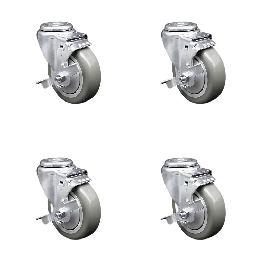 Stainless Steel Polyurethane Swivel Bolt Hole Caster Set of 4 w/4" x 1.25" Gray Wheels - Includes 4 Swivel with Top Lock Brakes - 1400 lbs Total Capacity - Service Caster Brand — photo 1