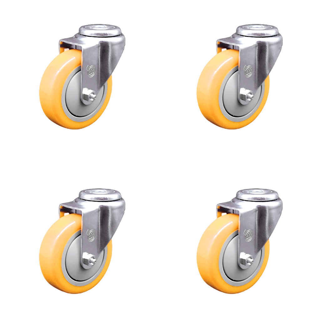 Stainless Steel Polyurethane Swivel Bolt Hole Caster Set of 4 w/4" x 1.25" Yellow Wheels - Includes 4 Swivel - 1400 lbs Total Capacity - Service Caster Brand — photo 1