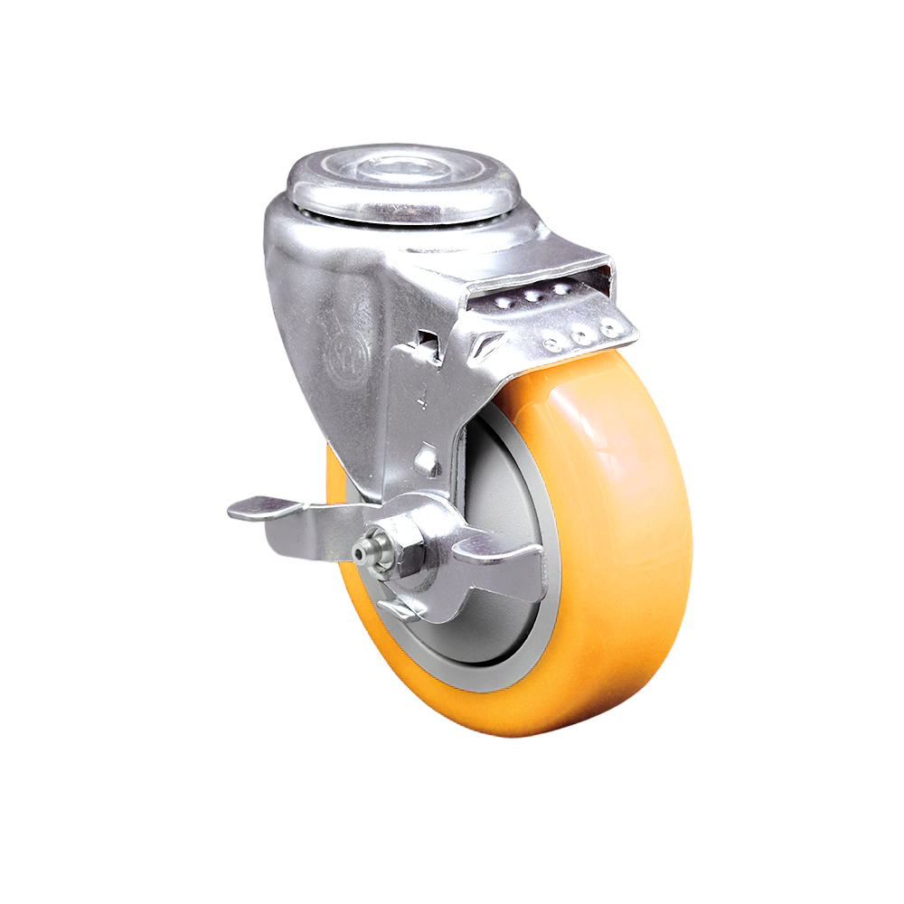 Stainless Steel Polyurethane Swivel Bolt Hole Caster w/4" x 1.25"  Yellow Wheel & Top Locking Brake - 350 lbs Capacity/Caster - Service Caster Brand — photo 1