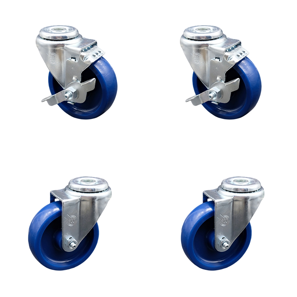 Stainless Steel Solid Polyurethane Swivel Bolt Hole Caster Set of 4 w/4" x 1.25" Blue Wheels - Includes 2 with Top Locking Brakes - 1200 lbs Total Capacity - Service Caster Brand — photo 1