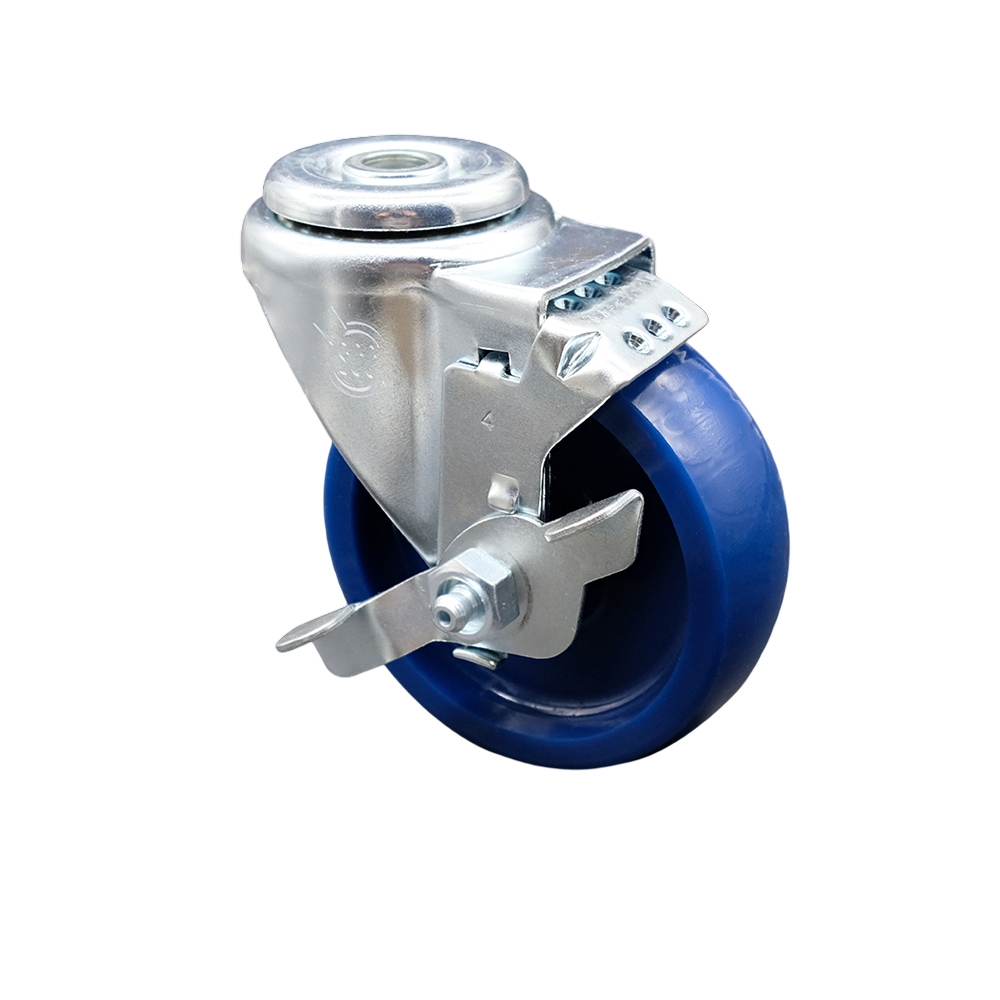 Stainless Steel Solid Polyurethane Swivel Bolt Hole Caster w/4" x 1.25" Blue Wheel & Top Locking Brake - 300 lbs Capacity/Caster - Service Caster Brand — photo 1
