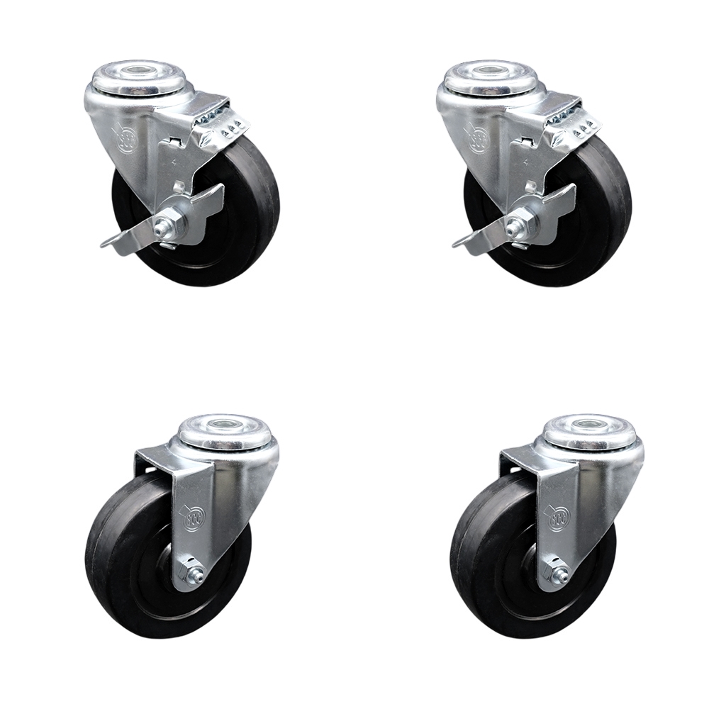 Stainless Steel Soft Rubber Swivel Bolt Hole Caster Set of 4 w/4" x 1.25" Black Wheels - Includes 2 with Top Locking Brakes - 800 lbs Total Capacity - Service Caster Brand — photo 1