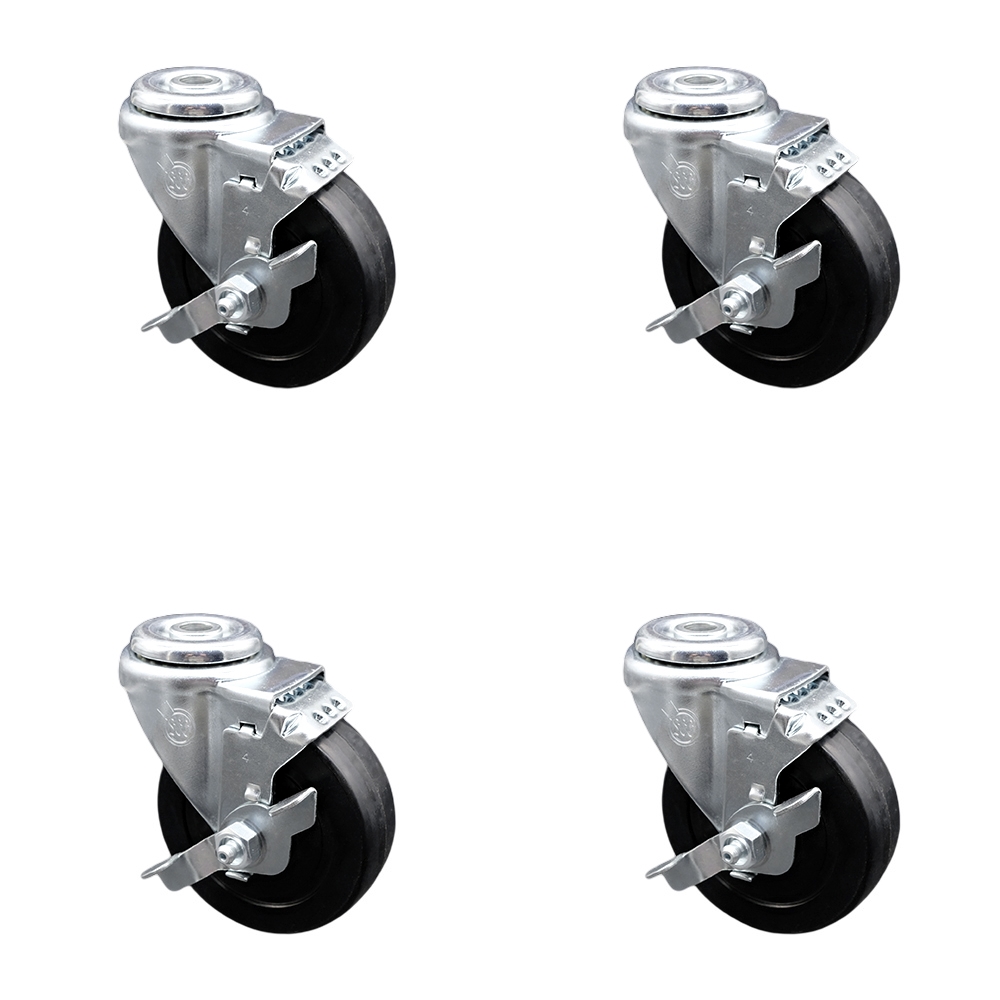 Stainless Steel Soft Rubber Swivel Bolt Hole Caster Set of 4 w/4" x 1.25" Black Wheels - Includes 4 Swivel with Top Lock Brakes - 800 lbs Total Capacity - Service Caster Brand — photo 1