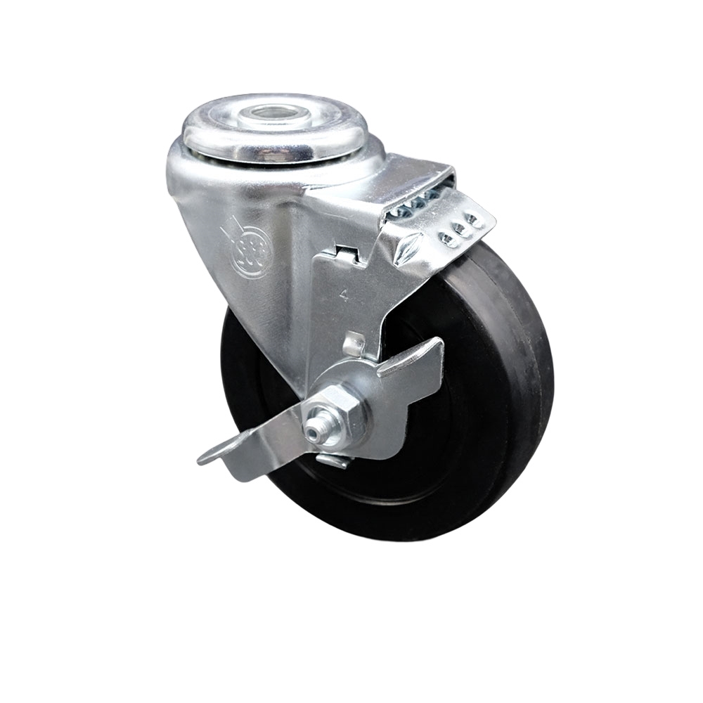 Stainless Steel Soft Rubber Swivel Bolt Hole Caster w/4" x 1.25" Black Wheel & Top Locking Brake - 200 lbs Capacity/Caster - Service Caster Brand — photo 1