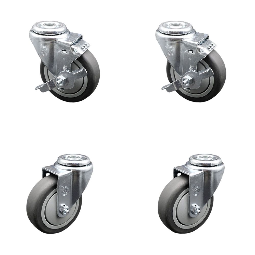Stainless Steel Thermoplastic Rubber Swivel Bolt Hole Caster Set of 4 - 4" x 1.25" Gray Wheels - Includes 2 with Top Locking Brakes - 1,000 lbs Total Capacity - Service Caster Brand — photo 1