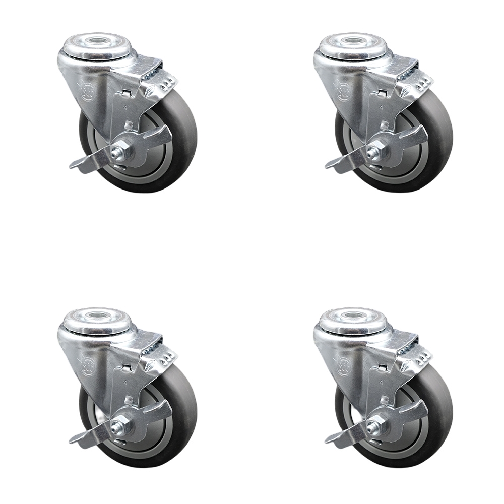 Stainless Steel Thermoplastic Rubber Swivel Bolt Hole Caster Set of 4 w/4" x 1.25" Gray Wheels - Includes 4 Swivel with Top Lock Brakes - 1000 lbs Total Capacity - Service Caster Brand — photo 1