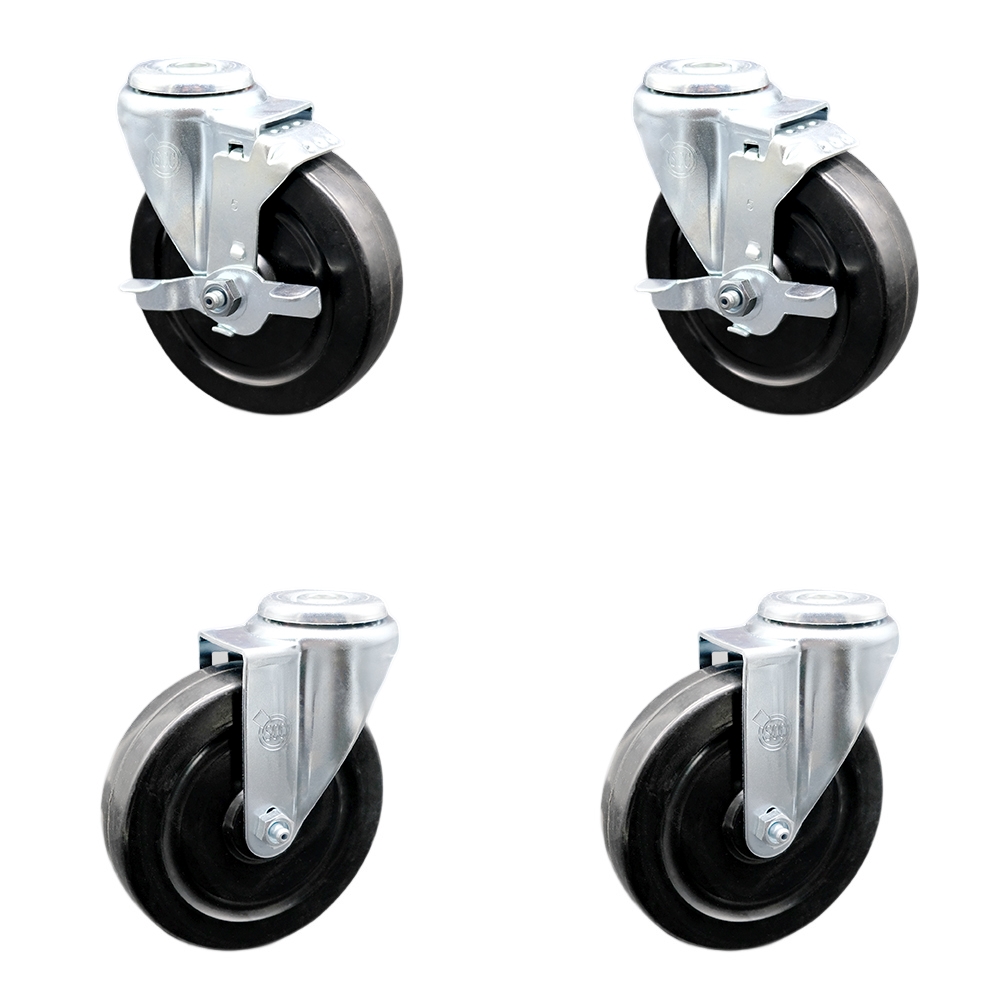 Stainless Steel Hard Rubber Swivel Bolt Hole Caster Set of 4 w/5" x 1.25" Black Wheels - Includes 2 with Top Locking Brakes - 1100 lbs Total Capacity - Service Caster Brand — photo 1