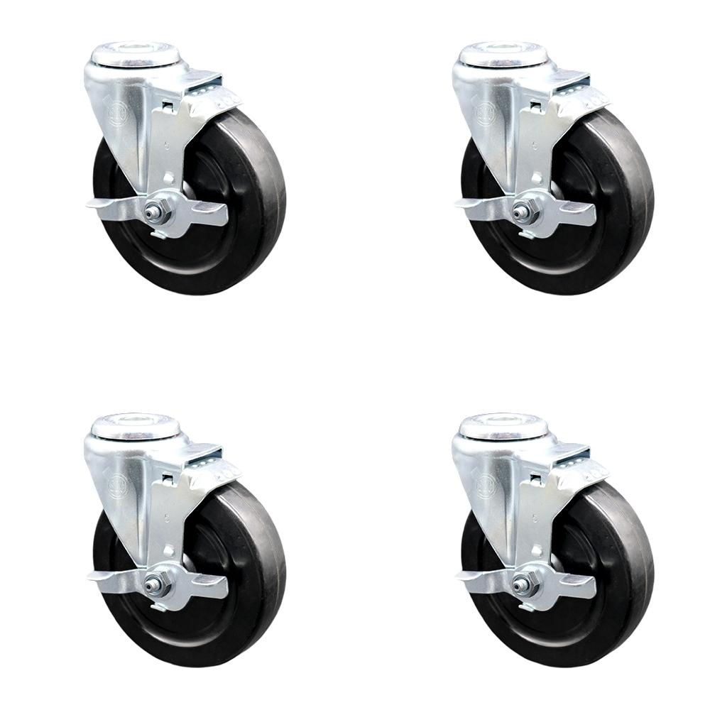 Stainless Steel Hard Rubber Swivel Bolt Hole Caster Set of 4 w/5" x 1.25" Black Wheels - Includes 4 Swivel with Top Lock Brakes - 1200 lbs Total Capacity - Service Caster Brand — photo 1