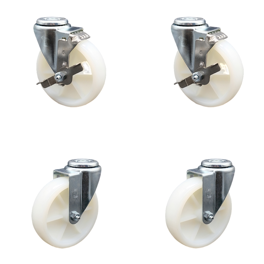 Stainless Steel Nylon Swivel Bolt Hole Caster Set of 4 w/5" x 1.25" White Wheels - Includes 2 with Top Locking Brakes - 1200 lbs Total Capacity - Service Caster Brand — photo 1