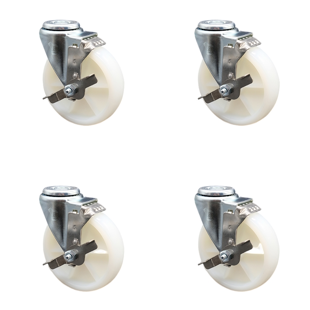Stainless Steel Nylon Swivel Bolt Hole Caster Set of 4 w/5" x 1.25" White Wheels - Includes 4 Swivel with Top Lock Brakes - 1200 lbs Total Capacity - Service Caster Brand — photo 1