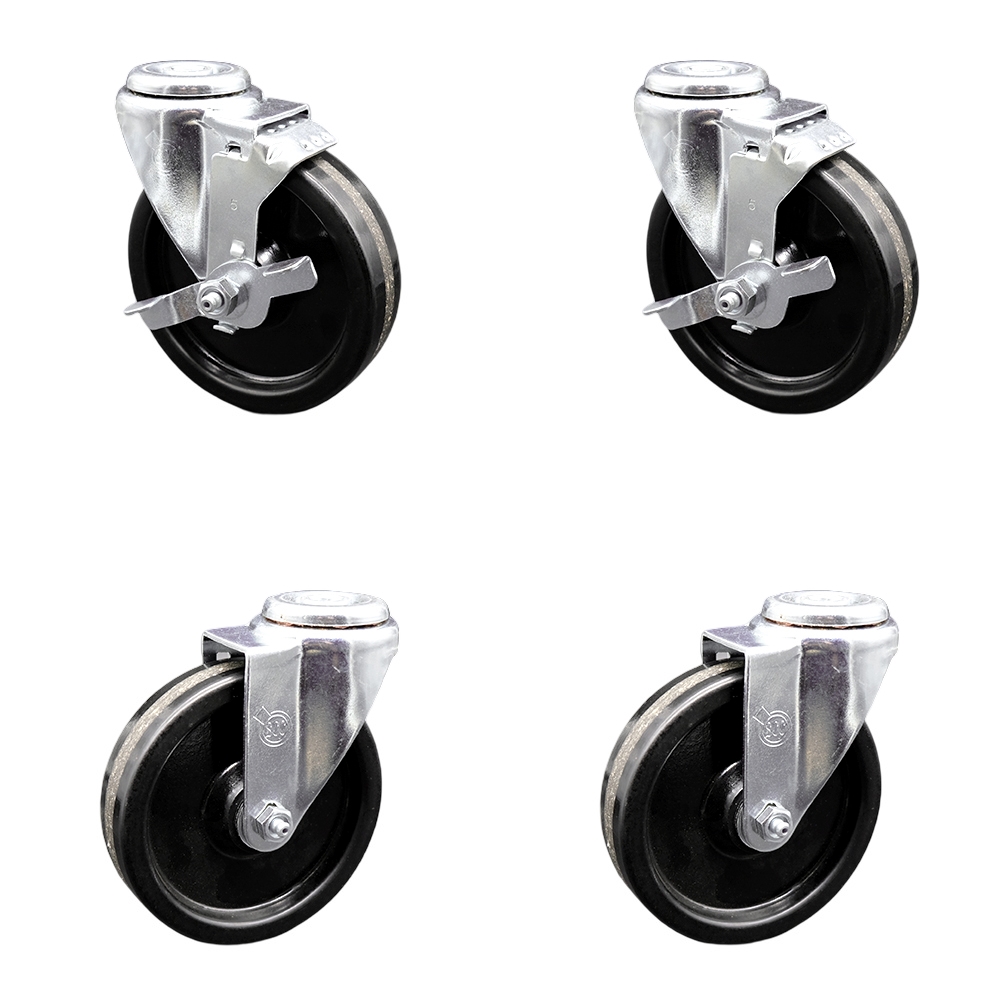 Stainless Steel Phenolic Swivel Bolt Hole Caster Set of 4 w/5" x 1.25" Black Wheels - Includes 2 with Top Locking Brakes - 1200 lbs Total Capacity - Service Caster Brand — photo 1
