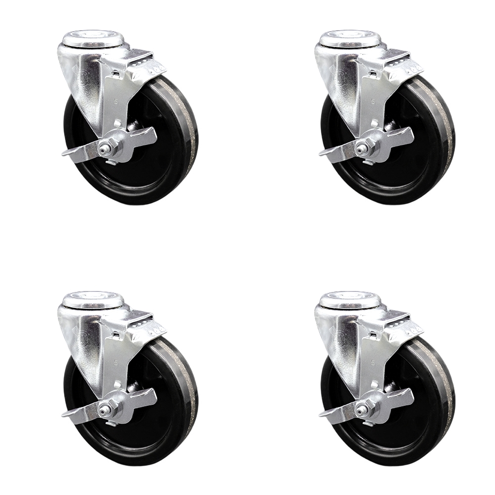 Stainless Steel Phenolic Swivel Bolt Hole Caster Set of 4 w/5" x 1.25" Black Wheels - Includes 4 Swivel with Top Lock Brakes - 1200 lbs Total Capacity - Service Caster Brand — photo 1