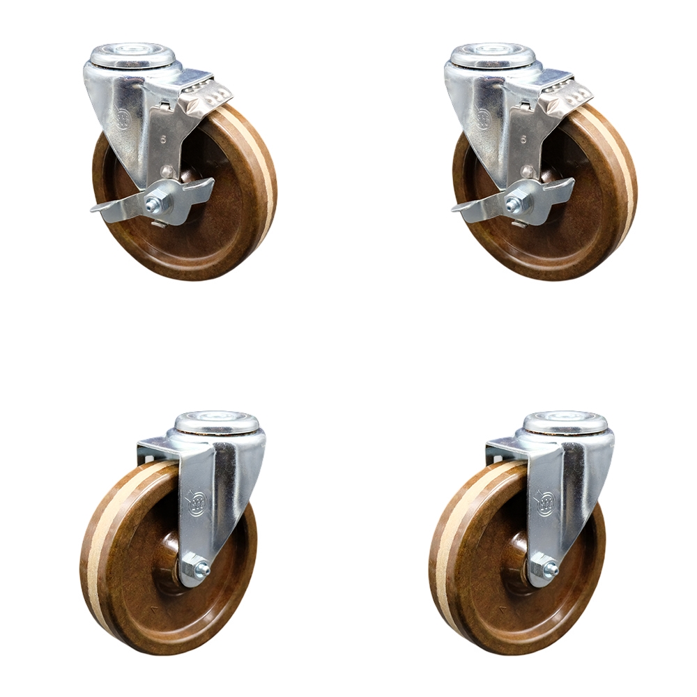 Stainless Steel High Temp Phenolic Swivel Bolt Hole Caster Set of 4 w/5" x 1.25" Brown Wheels - Includes 2 with Top Locking Brakes - 1200 lbs Total Capacity - Service Caster Brand — photo 1