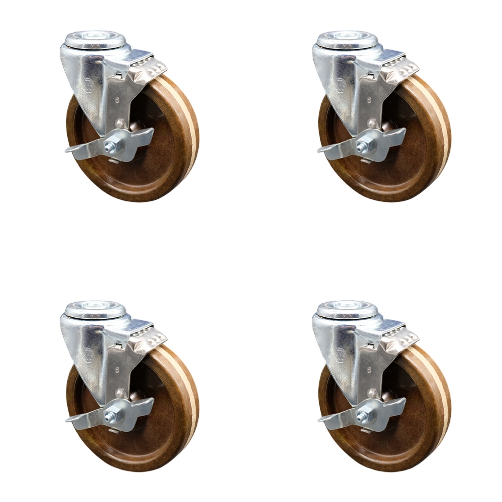 Stainless Steel High Temperature Phenolic Swivel Bolt Hole Caster Set of 4 w/5" x 1.25" Brown Wheels - Includes 4 Swivel with Top Lock Brakes - 1200 lbs Total Capacity - Service Caster Brand — photo 1