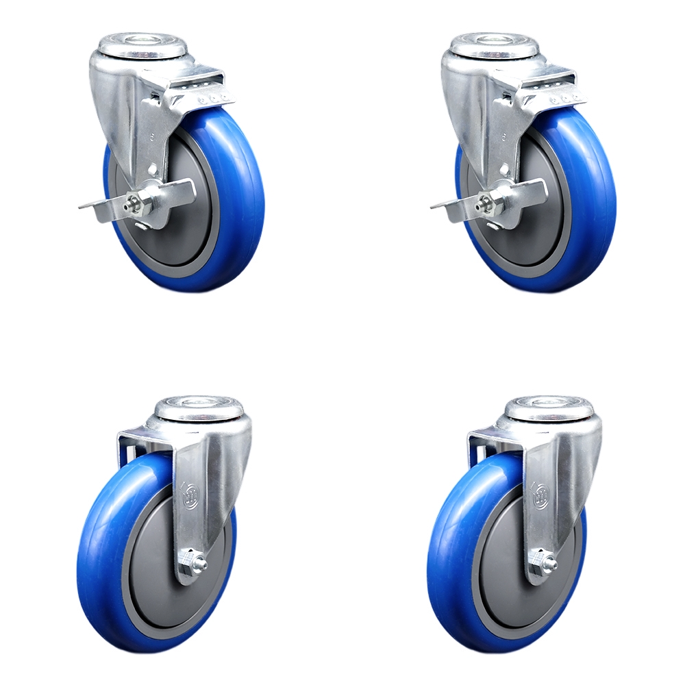 Stainless Steel Polyurethane Swivel Bolt Hole Caster Set of 4 w/5" x 1.25"  Blue Wheels - Includes 2 with Top Locking Brakes - 1400 lbs Total Capacity - Service Caster Brand — photo 1