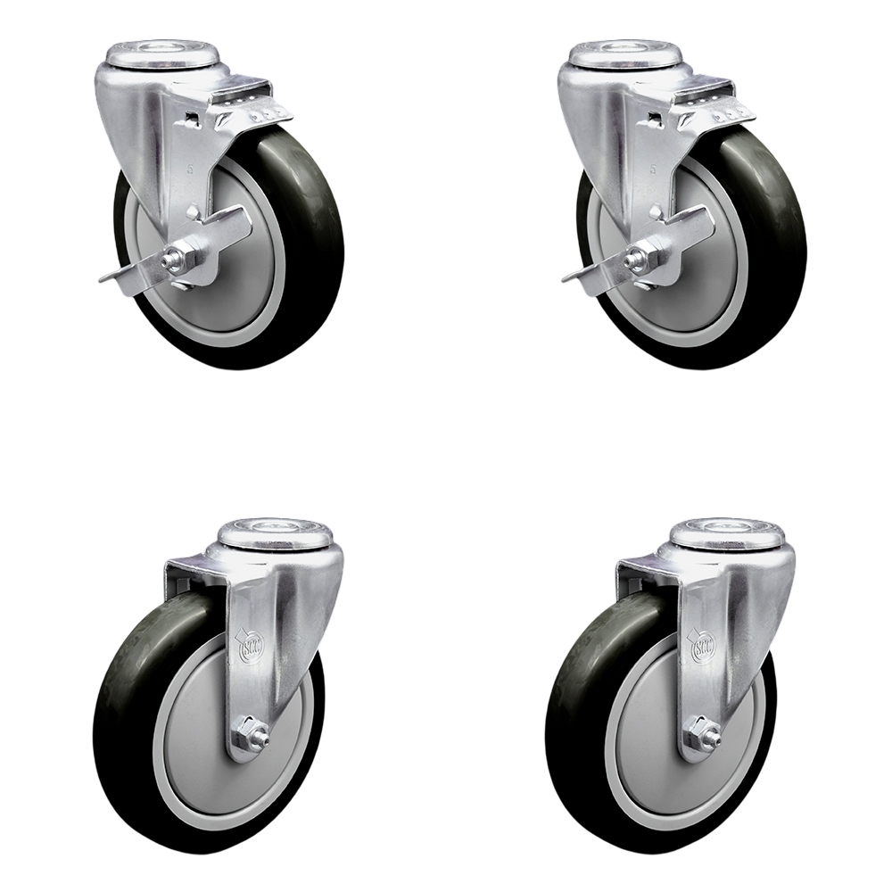 Stainless Steel Polyurethane Swivel Bolt Hole Caster Set of 4 w/5" x 1.25"  Black Wheels - Includes 2 with Top Locking Brakes - 1400 lbs Total Capacity - Service Caster Brand — photo 1