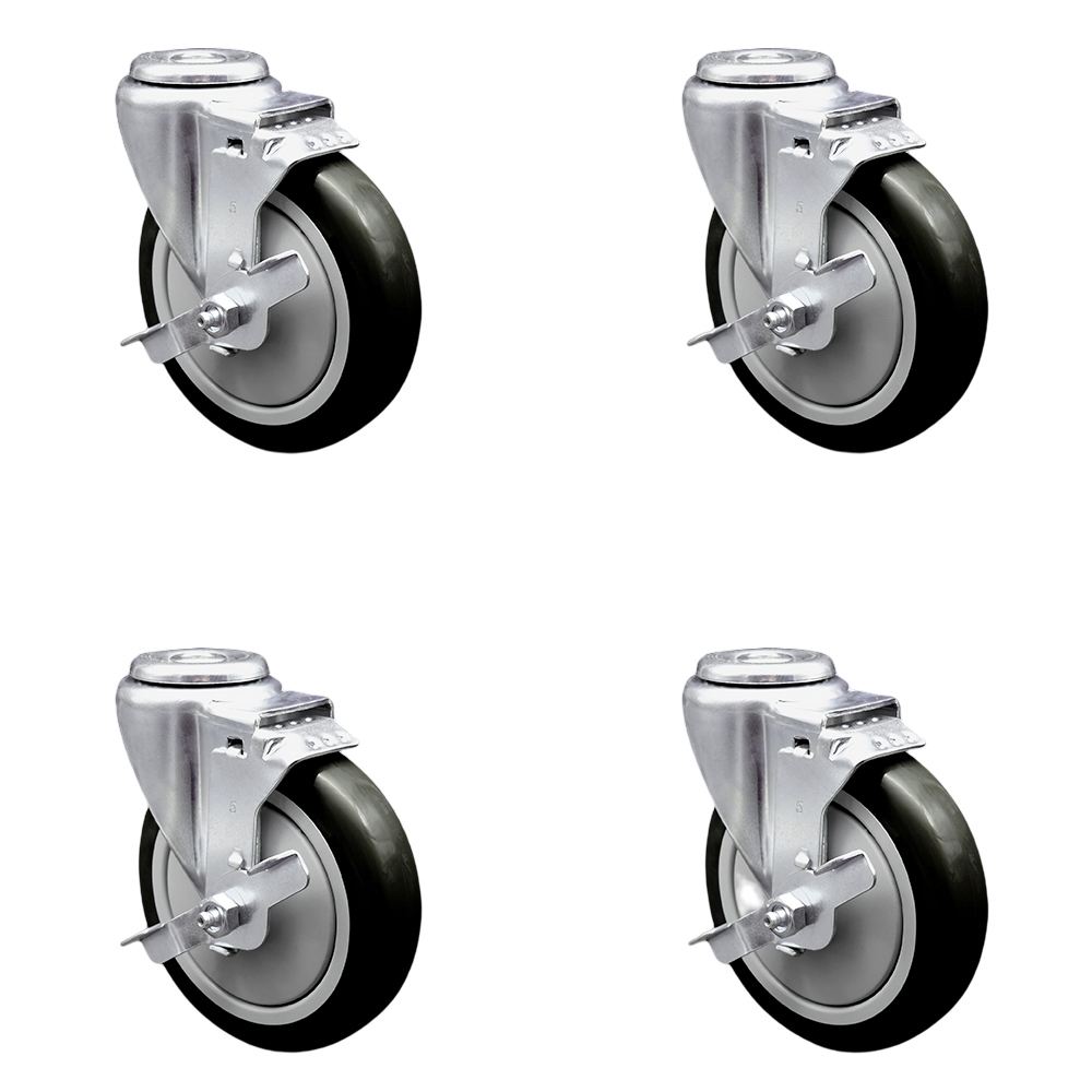 Stainless Steel Polyurethane Swivel Bolt Hole Caster Set of 4 w/5" x 1.25" Black Wheels - Includes 4 Swivel with Top Lock Brakes - 1400 lbs Total Capacity - Service Caster Brand — photo 1