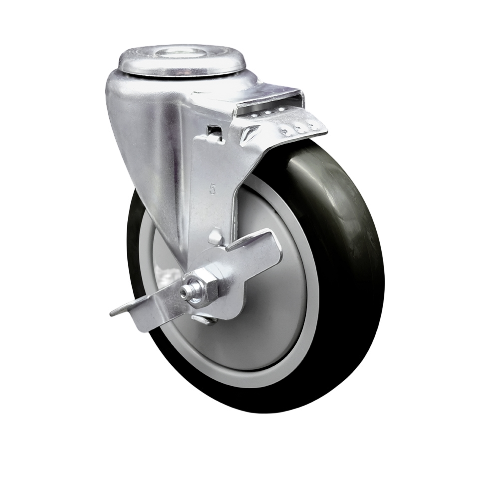 Stainless Steel Polyurethane Swivel Bolt Hole Caster w/5" x 1.25"  Black Wheel & Top Locking Brake - 350 lbs Capacity/Caster - Service Caster Brand — photo 1