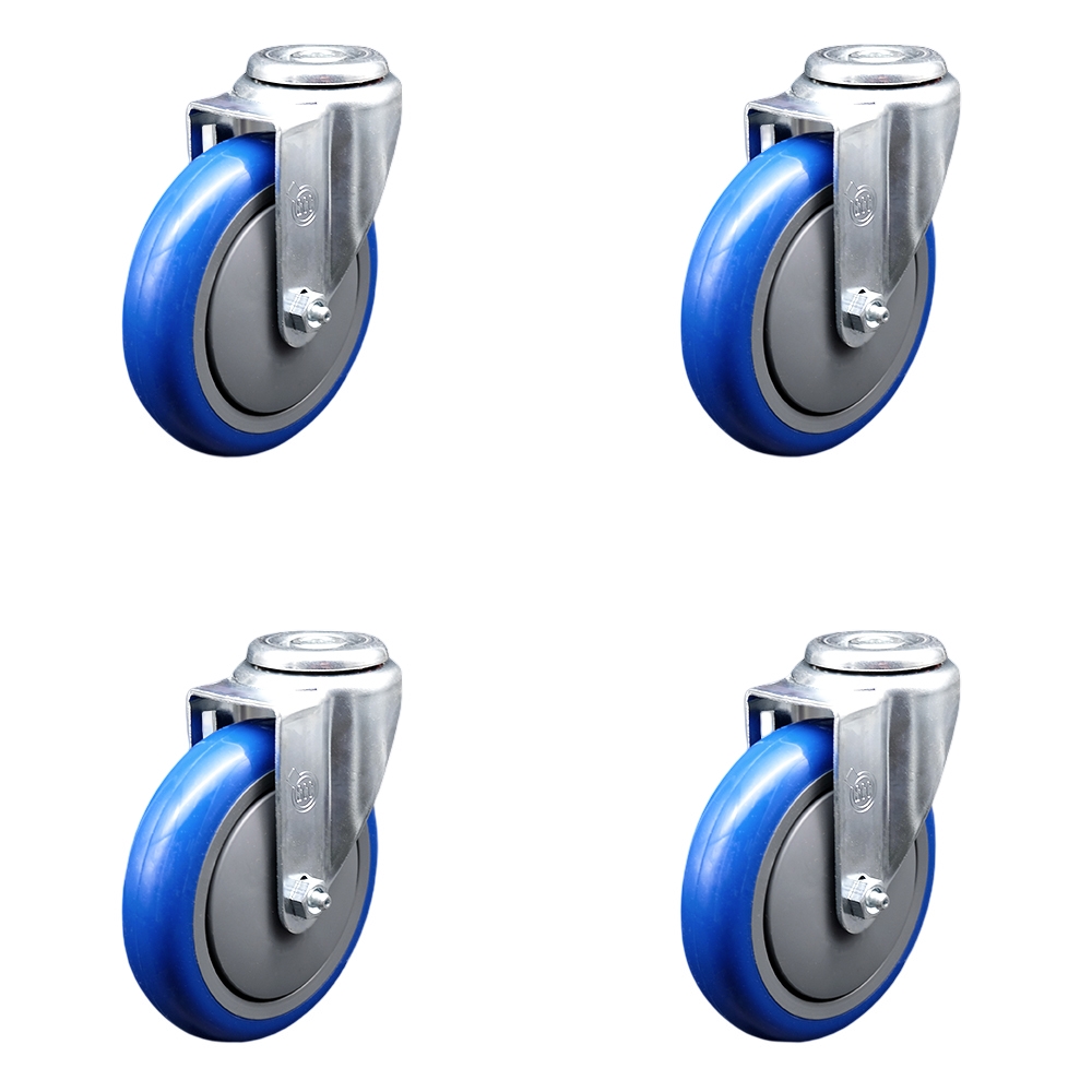 Stainless Steel Polyurethane Swivel Bolt Hole Caster Set of 4 w/5" x 1.25" Blue Wheels - Includes 4 Swivel - 1400 lbs Total Capacity - Service Caster Brand — photo 1