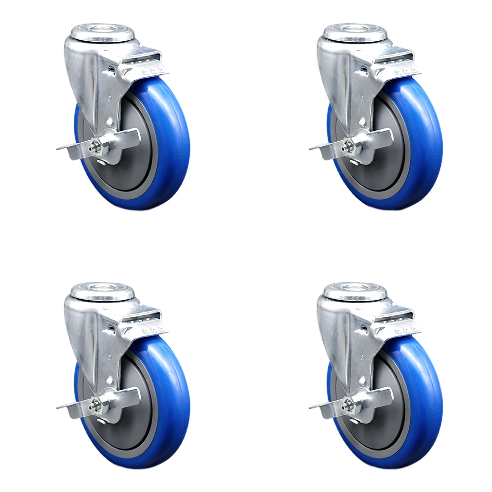 Stainless Steel Polyurethane Swivel Bolt Hole Caster Set of 4 w/5" x 1.25" Blue Wheels - Includes 4 Swivel with Top Lock Brakes - 1400 lbs Total Capacity - Service Caster Brand — photo 1