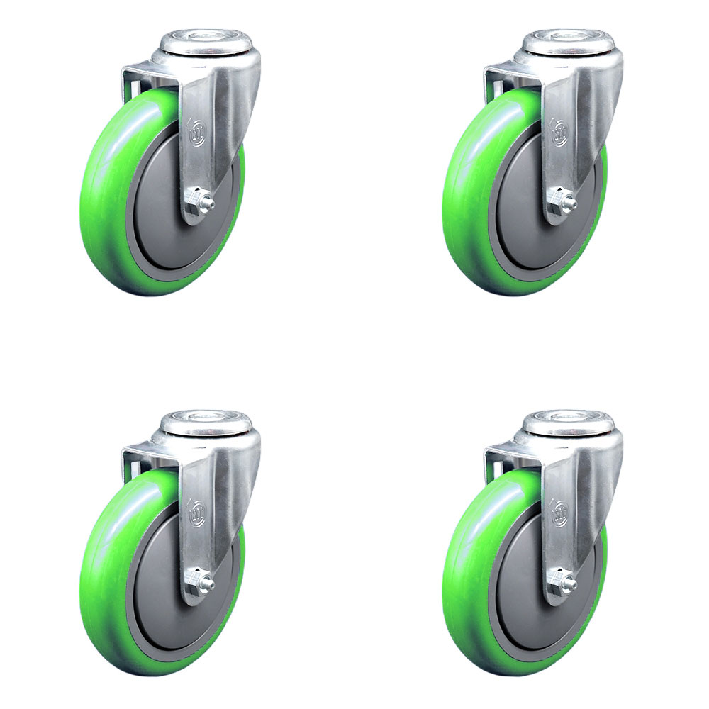 Stainless Steel Polyurethane Swivel Bolt Hole Caster Set of 4 w/5" x 1.25" Green Wheels - Includes 4 Swivel - 1400 lbs Total Capacity - Service Caster Brand — photo 1
