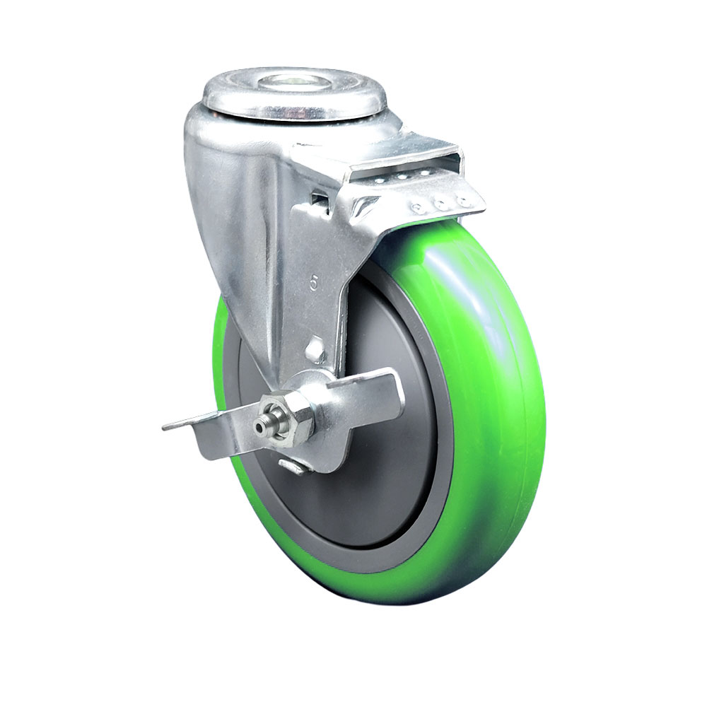 Stainless Steel Polyurethane Swivel Bolt Hole Caster w/5" x 1.25"  Green Wheel & Top Locking Brake - 350 lbs Capacity/Caster - Service Caster Brand — photo 1