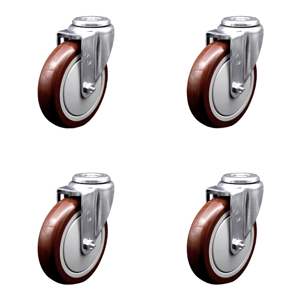 Stainless Steel Polyurethane Swivel Bolt Hole Caster Set of 4 w/5" x 1.25" Maroon Wheels - Includes 4 Swivel - 1400 lbs Total Capacity - Service Caster Brand — photo 1