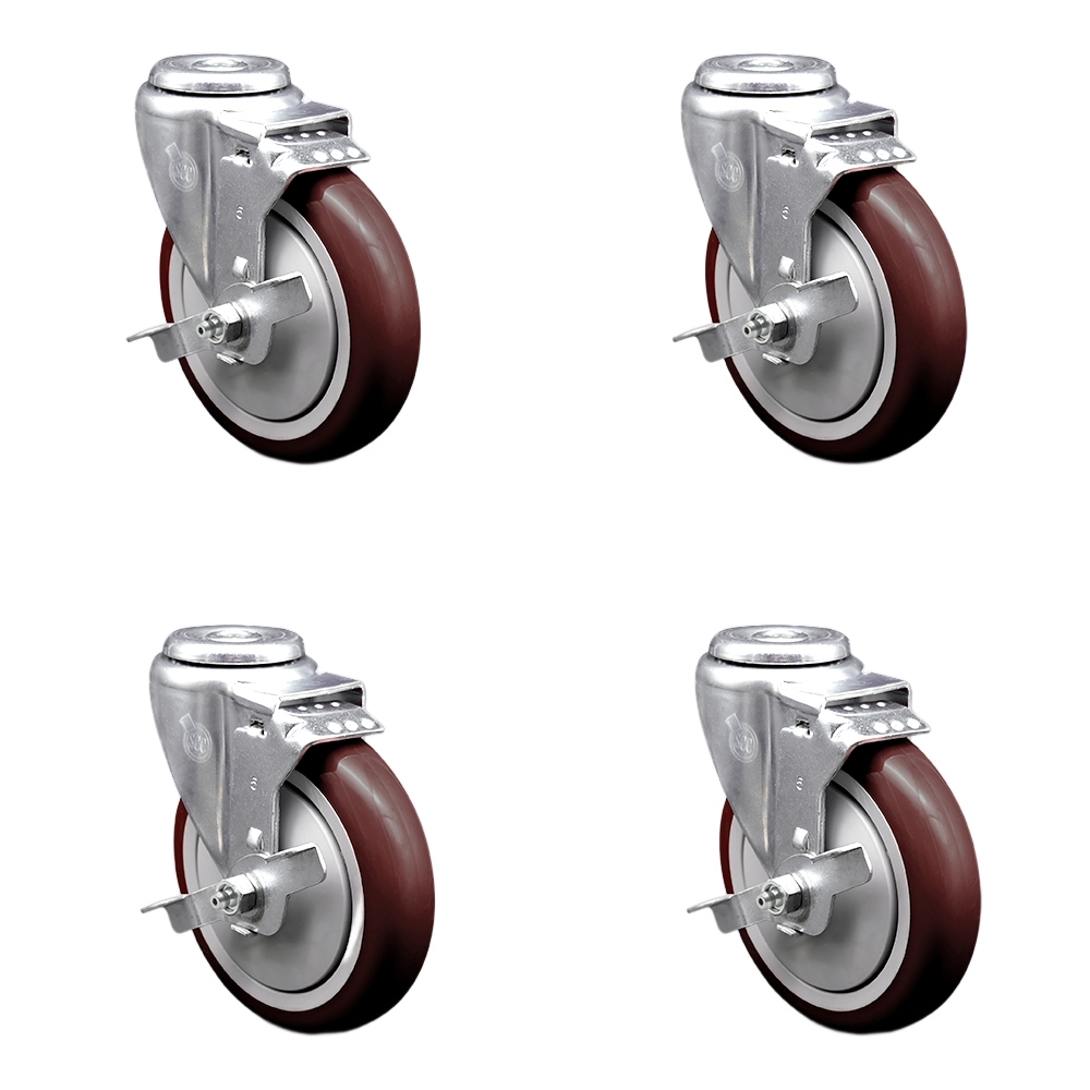 Stainless Steel Polyurethane Swivel Bolt Hole Caster Set of 4 w/5" x 1.25" Maroon Wheels - Includes 4 Swivel with Top Lock Brakes - 1400 lbs Total Capacity - Service Caster Brand — photo 1