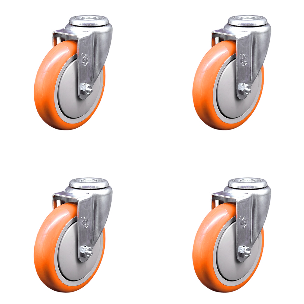 Stainless Steel Polyurethane Swivel Bolt Hole Caster Set of 4 w/5" x 1.25" Orange Wheels - Includes 4 Swivel - 1400 lbs Total Capacity - Service Caster Brand — photo 1