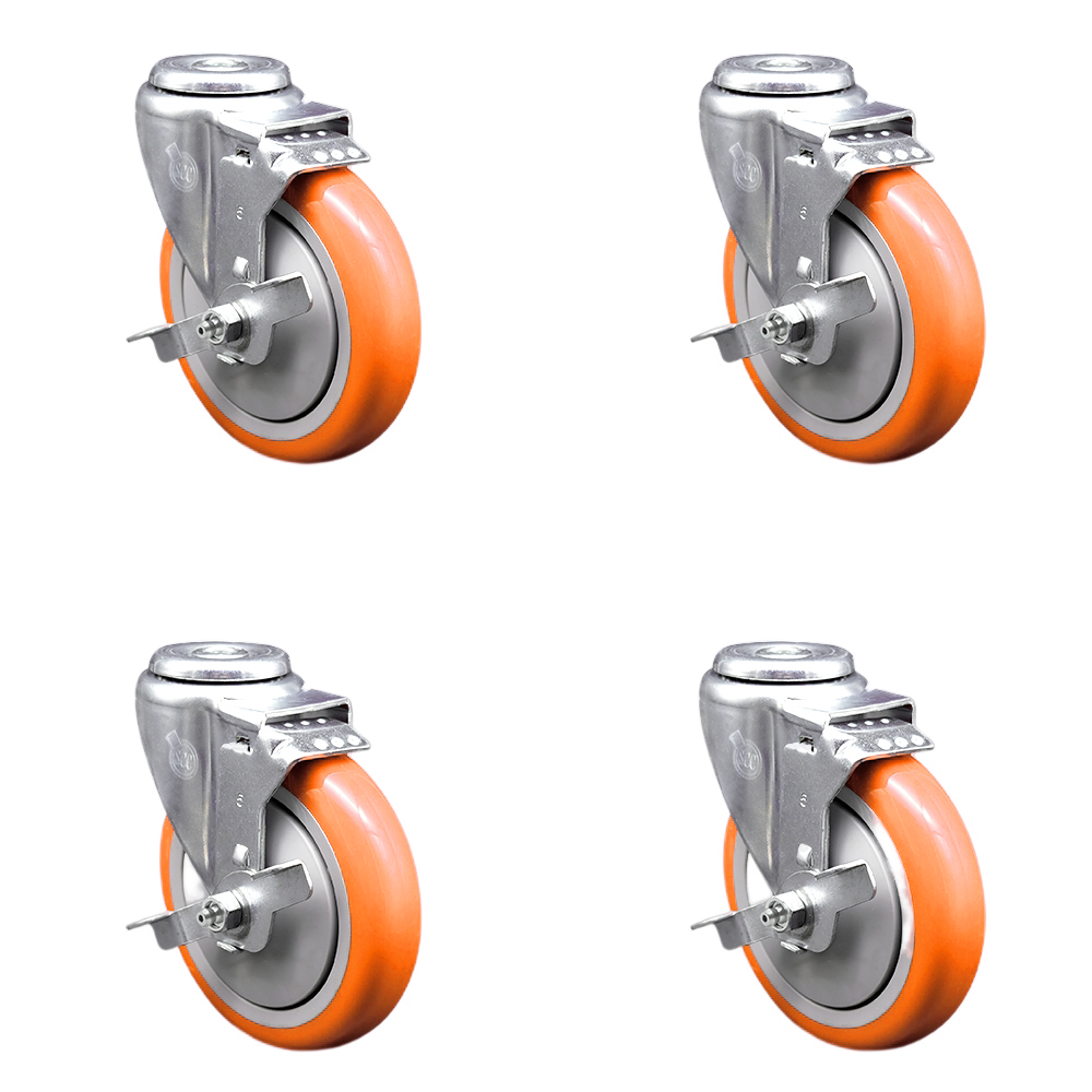 Stainless Steel Polyurethane Swivel Bolt Hole Caster Set of 4 w/5" x 1.25" Orange Wheels - Includes 4 Swivel with Top Lock Brakes - 1400 lbs Total Capacity - Service Caster Brand — photo 1