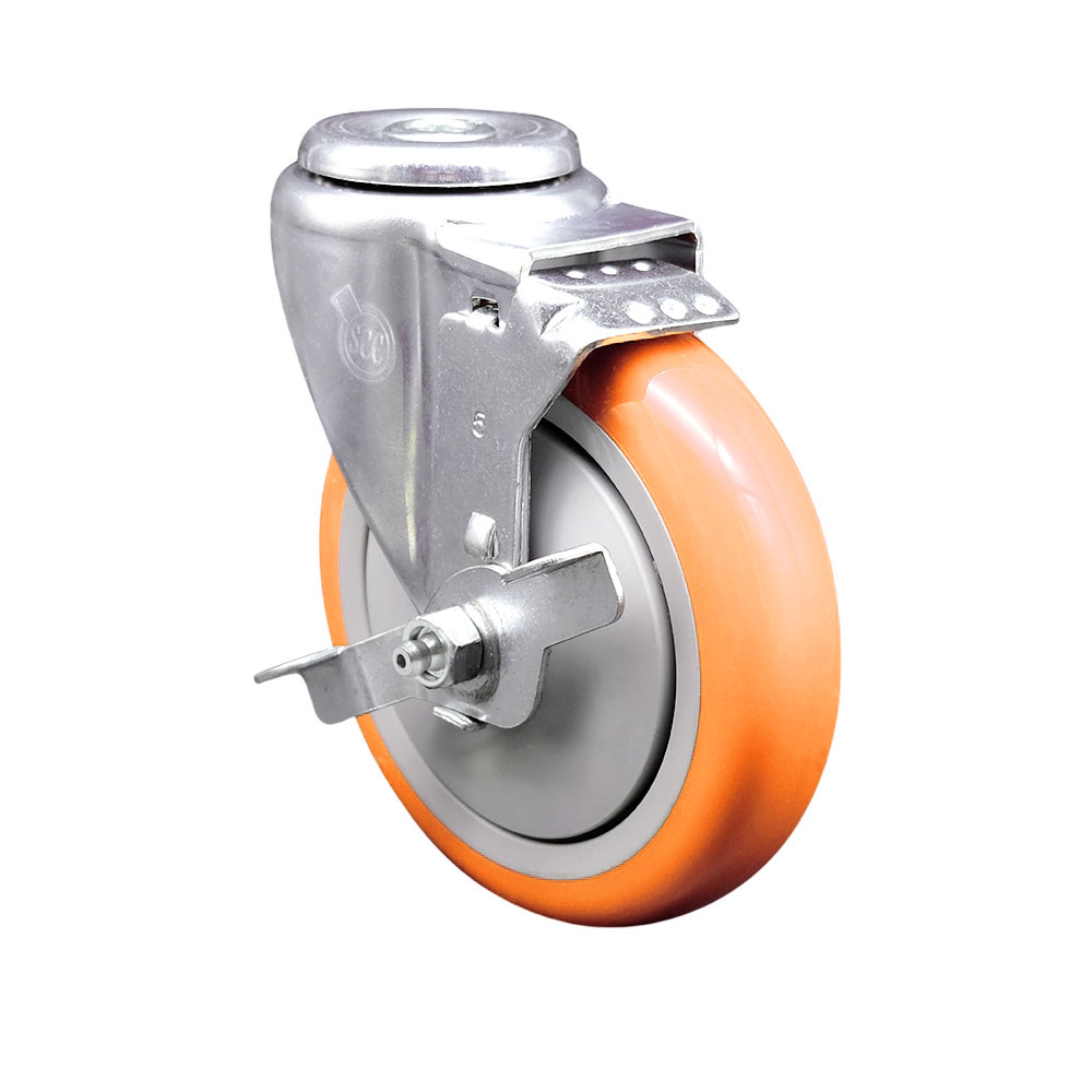 Stainless Steel Polyurethane Swivel Bolt Hole Caster w/5" x 1.25"  Orange Wheel & Top Locking Brake - 350 lbs Capacity/Caster - Service Caster Brand — photo 1