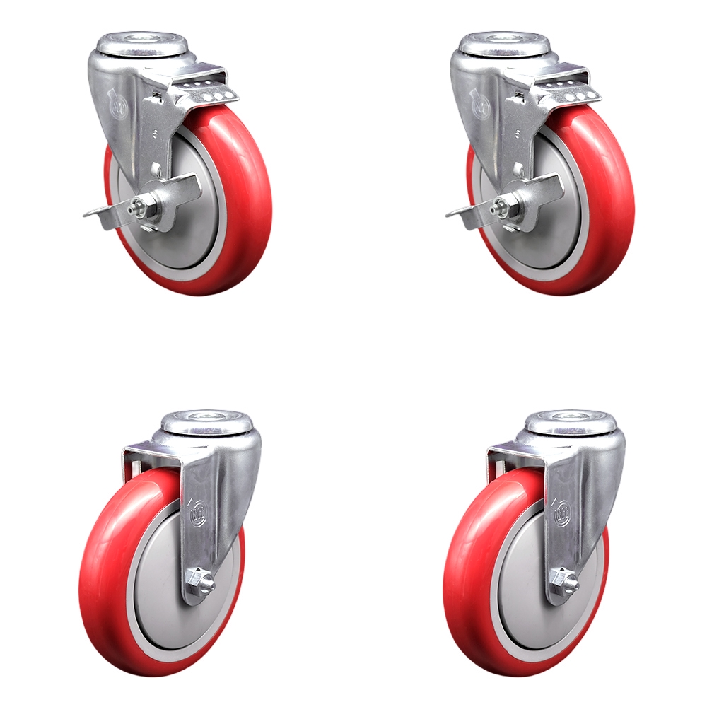 Stainless Steel Polyurethane Swivel Bolt Hole Caster Set of 4 w/5" x 1.25"  Red Wheels - Includes 2 with Top Locking Brakes - 1400 lbs Total Capacity - Service Caster Brand — photo 1