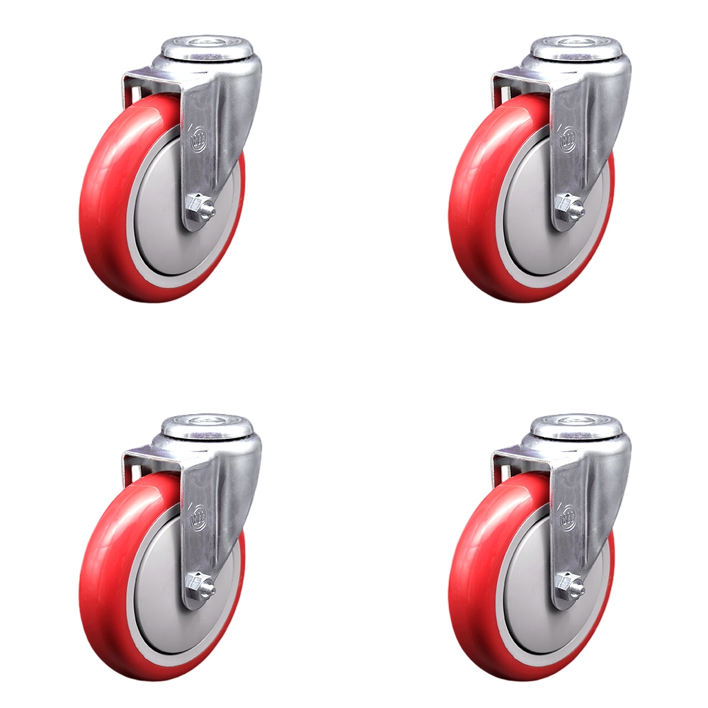 Stainless Steel Polyurethane Swivel Bolt Hole Caster Set of 4 w/5" x 1.25" Red Wheels - Includes 4 Swivel - 1400 lbs Total Capacity - Service Caster Brand — photo 1