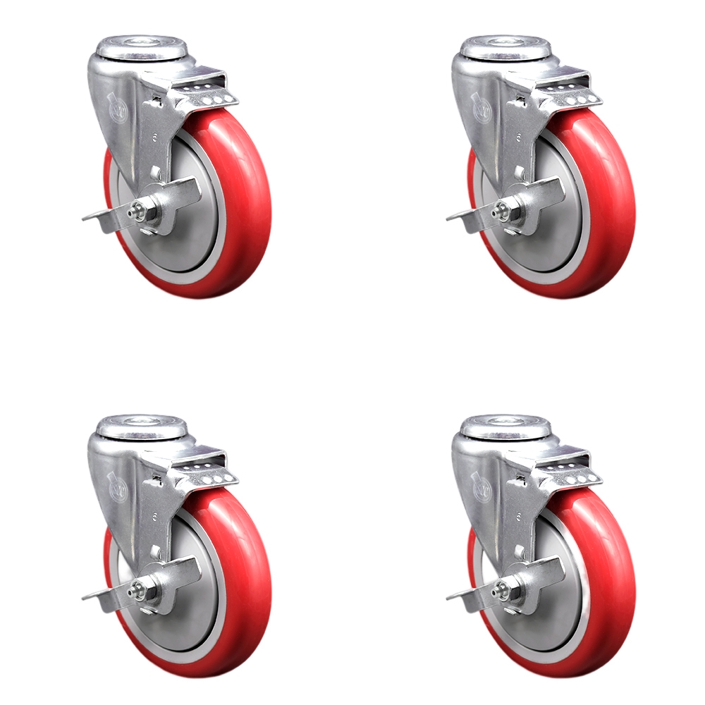 Stainless Steel Polyurethane Swivel Bolt Hole Caster Set of 4 w/5" x 1.25" Red Wheels - Includes 4 Swivel with Top Lock Brakes - 1400 lbs Total Capacity - Service Caster Brand — photo 1