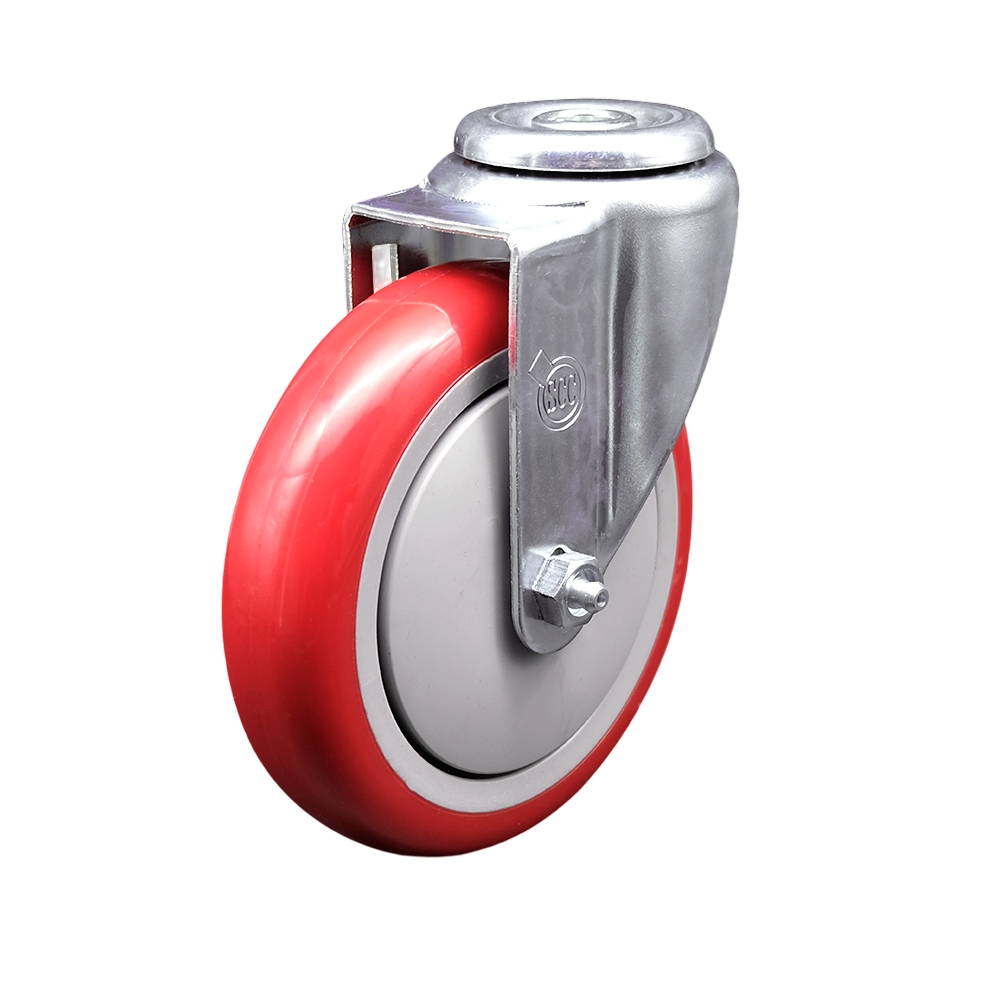 Stainless Steel Polyurethane Swivel Bolt Hole Caster w/5" x 1.25"  Red Wheel - 350 lbs Capacity/Caster - Service Caster Brand — photo 1