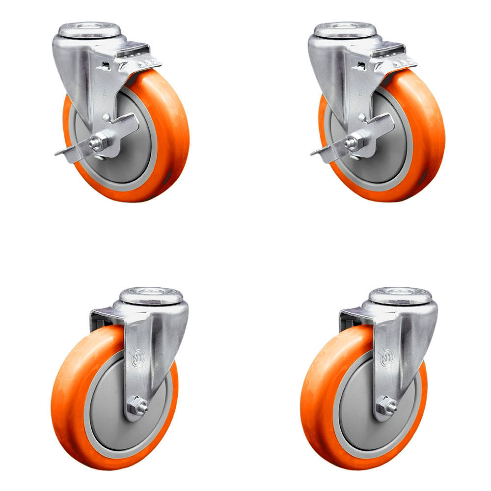 Stainless Steel Polyurethane Swivel Bolt Hole Caster Set of 4 w/5" x 1.25"  Orange Wheels - Includes 2 with Top Locking Brakes - 1400 lbs Total Capacity - Service Caster Brand — photo 1
