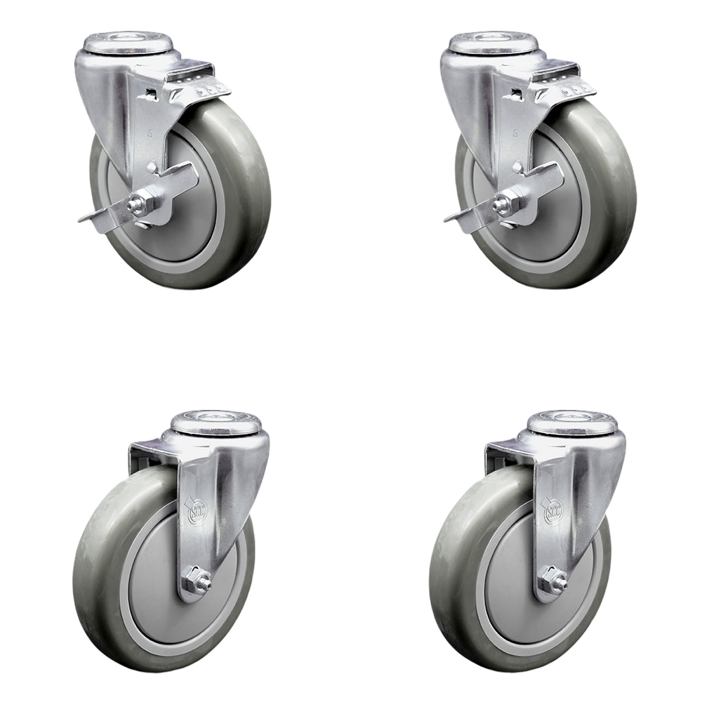 Stainless Steel Polyurethane Swivel Bolt Hole Caster Set of 4 w/5" x 1.25"  Gray Wheels - Includes 2 with Top Locking Brakes - 1400 lbs Total Capacity - Service Caster Brand — photo 1