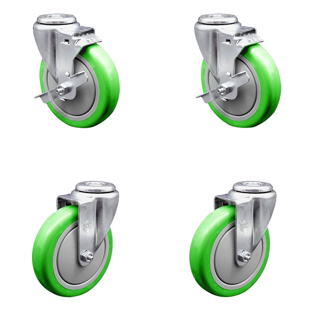 Stainless Steel Polyurethane Swivel Bolt Hole Caster Set of 4 w/5" x 1.25"  Green Wheels - Includes 2 with Top Locking Brakes - 1400 lbs Total Capacity - Service Caster Brand — photo 1