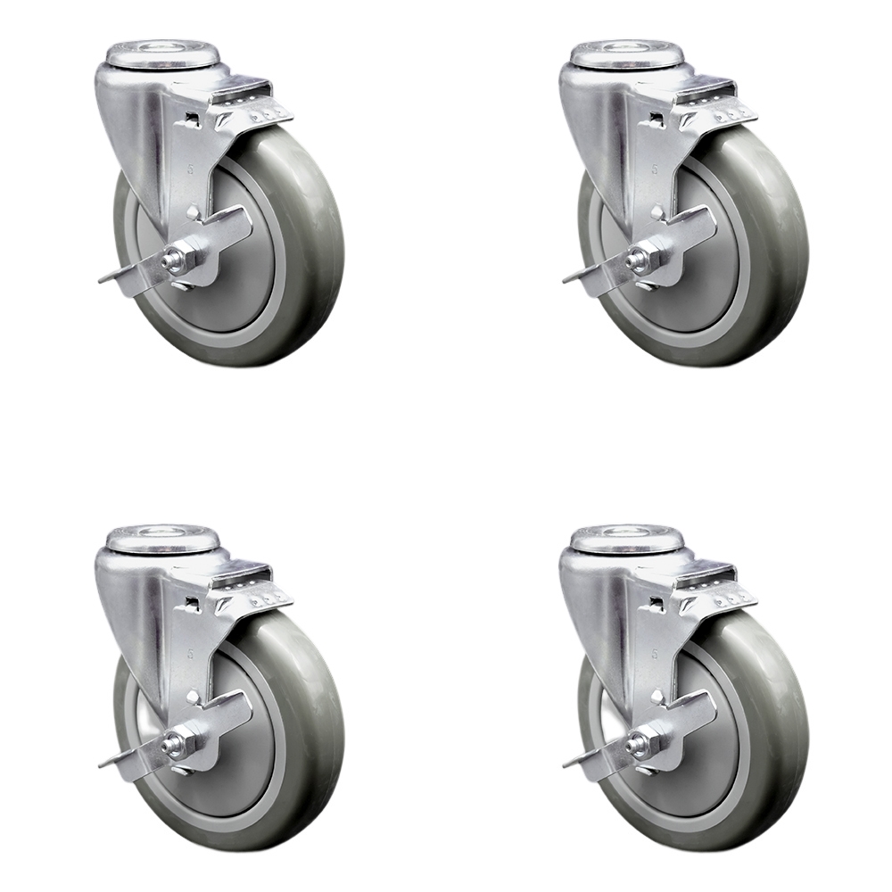Stainless Steel Polyurethane Swivel Bolt Hole Caster Set of 4 w/5" x 1.25" Gray Wheels - Includes 4 Swivel with Top Lock Brakes - 1400 lbs Total Capacity - Service Caster Brand — photo 1