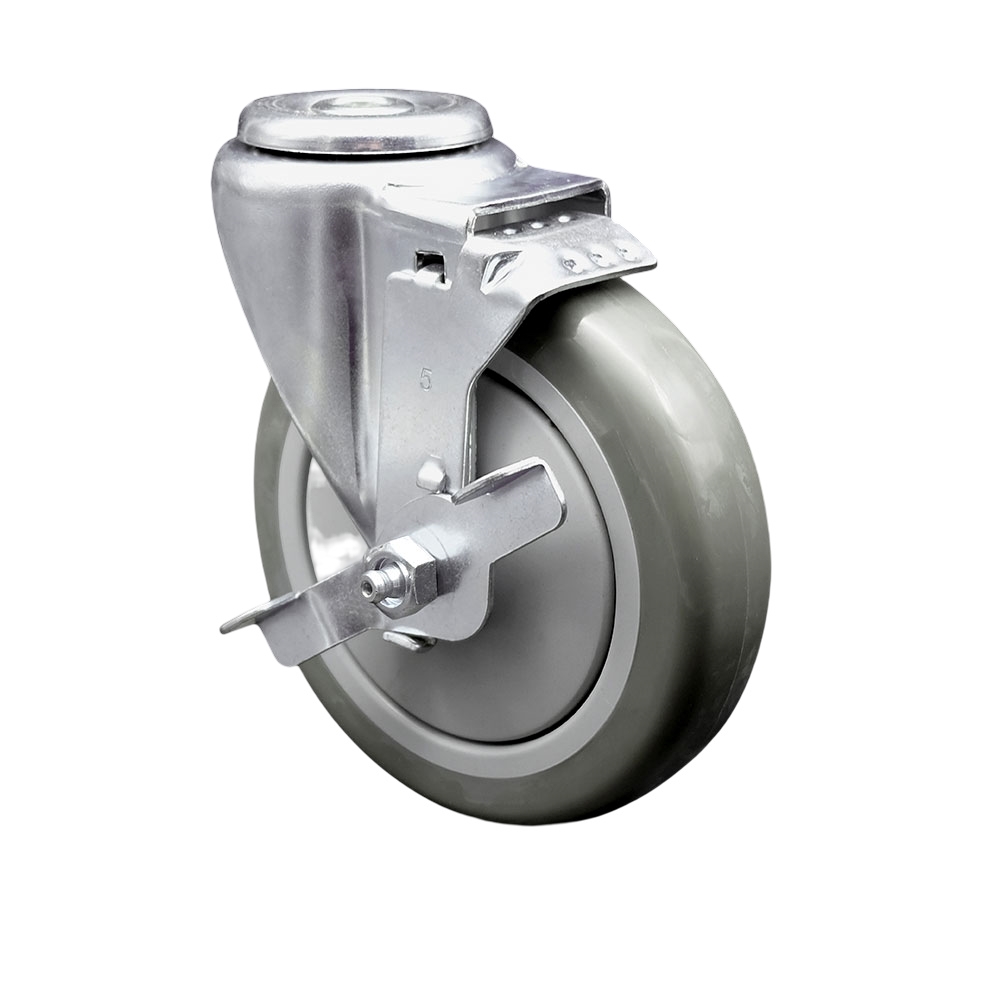 Stainless Steel Polyurethane Swivel Bolt Hole Caster w/5" x 1.25"  Gray Wheel & Top Locking Brake - 350 lbs Capacity/Caster - Service Caster Brand — photo 1