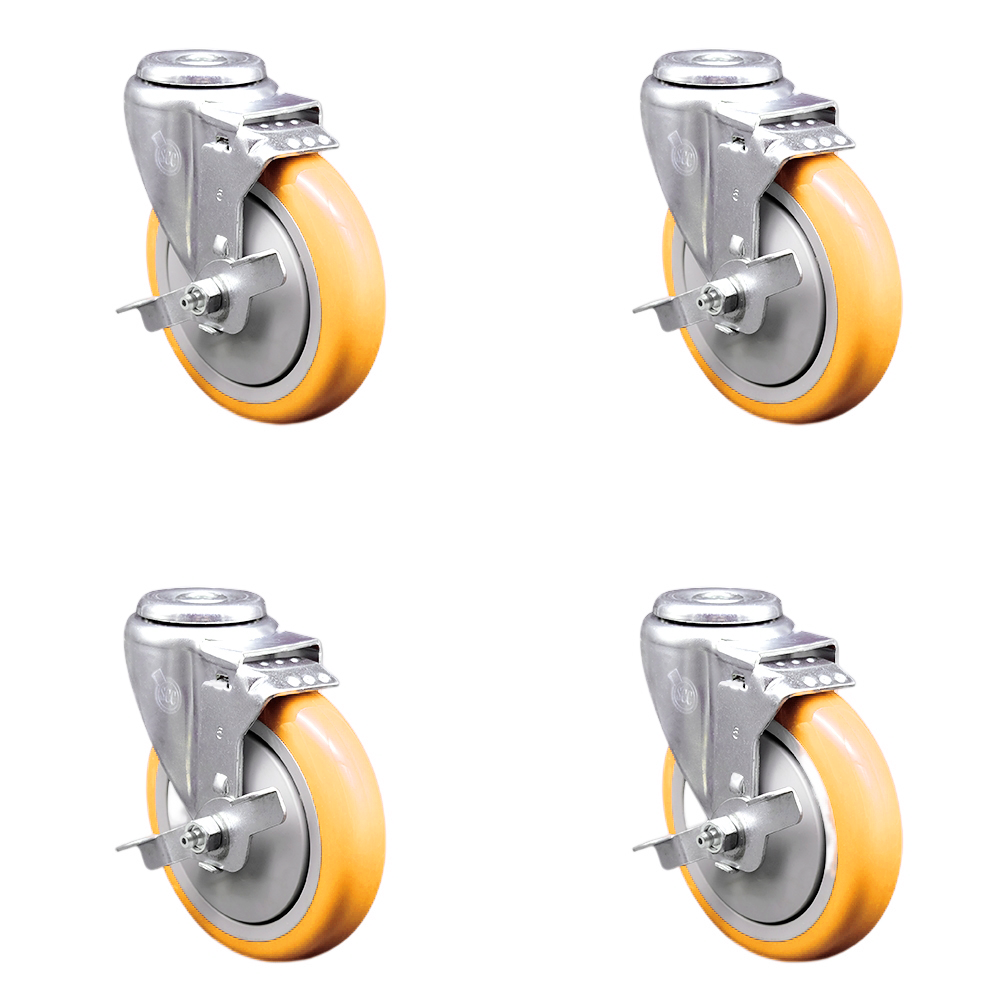 Stainless Steel Polyurethane Swivel Bolt Hole Caster Set of 4 w/5" x 1.25" Yellow Wheels - Includes 4 Swivel with Top Lock Brakes - 1400 lbs Total Capacity - Service Caster Brand — photo 1