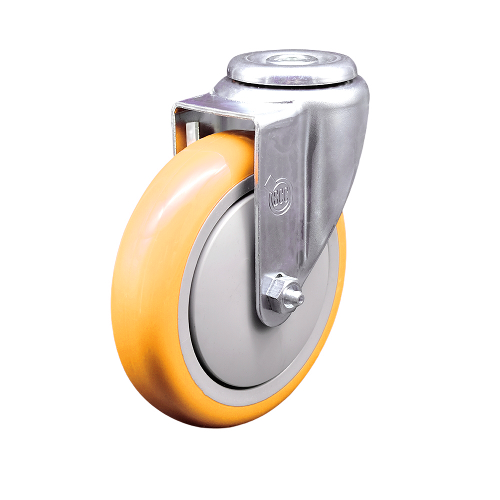 Stainless Steel Polyurethane Swivel Bolt Hole Caster w/5" x 1.25"  Yellow Wheel - 350 lbs Capacity/Caster - Service Caster Brand — photo 1