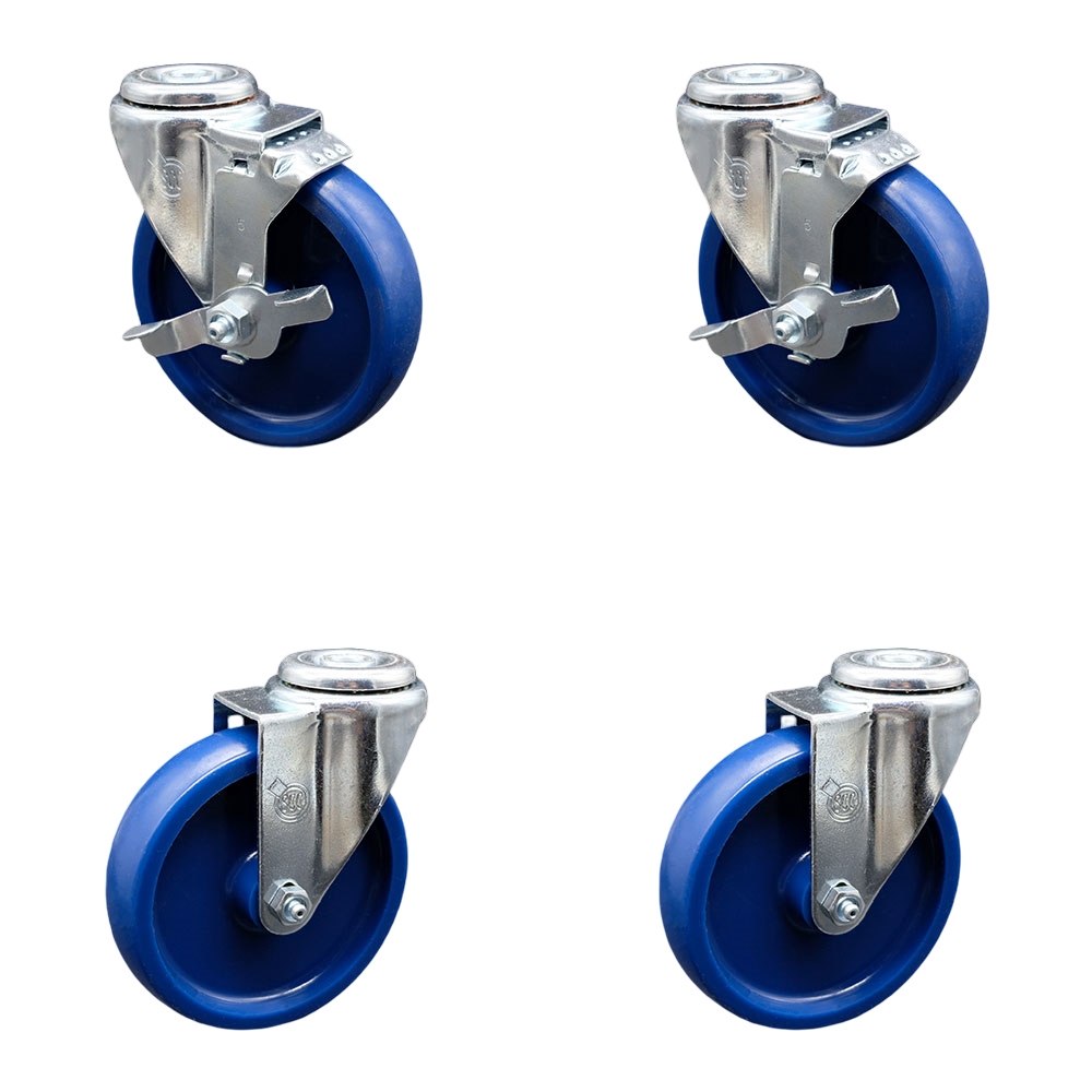 Stainless Steel Solid Polyurethane Swivel Bolt Hole Caster Set of 4 w/5" x 1.25" Blue Wheels - Includes 2 with Top Locking Brakes - 1200 lbs Total Capacity - Service Caster Brand — photo 1