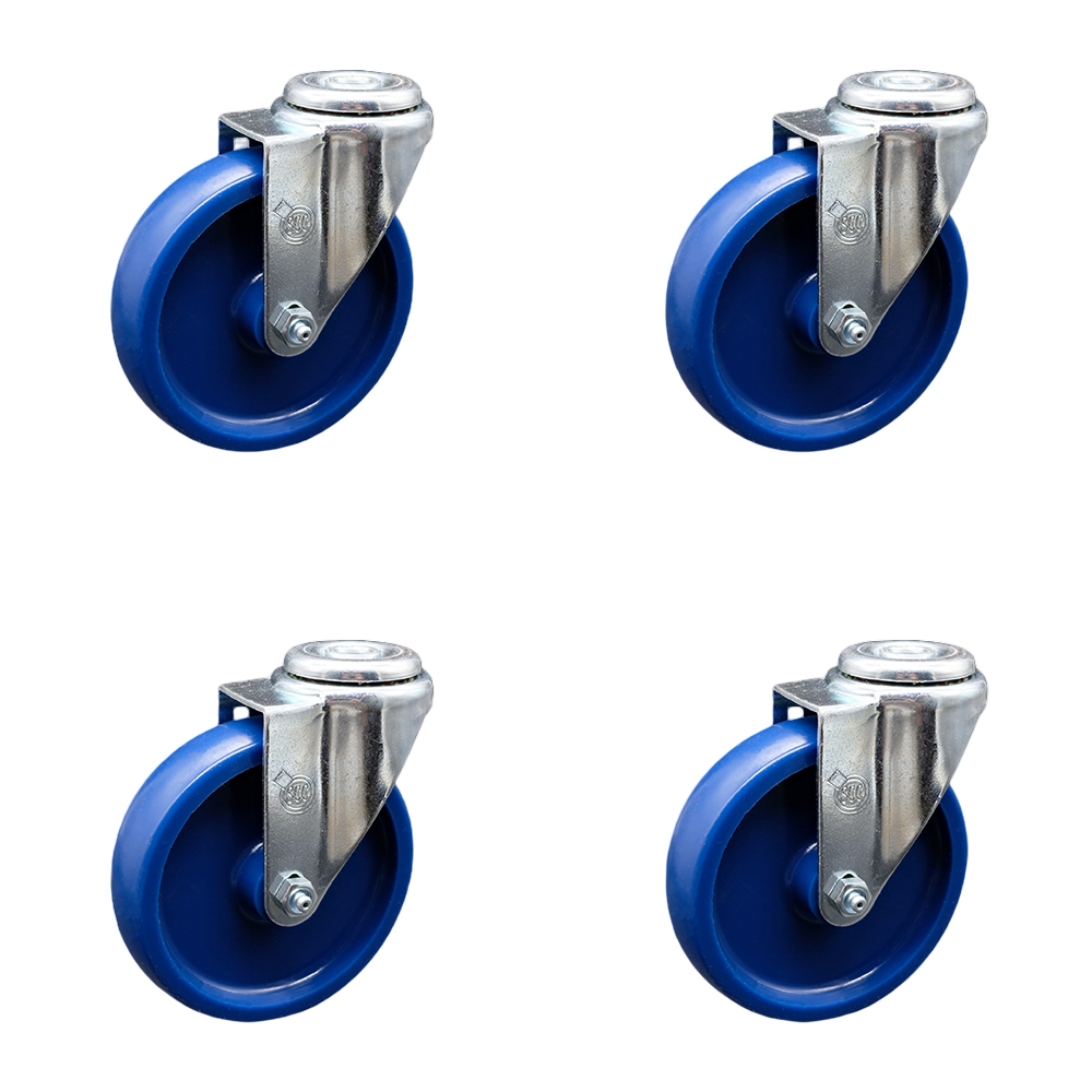 Stainless Steel Solid Polyurethane Swivel Bolt Hole Caster Set of 4 w/5" x 1.25" Blue Wheels - Includes 4 Swivel - 1200 lbs Total Capacity - Service Caster Brand — photo 1