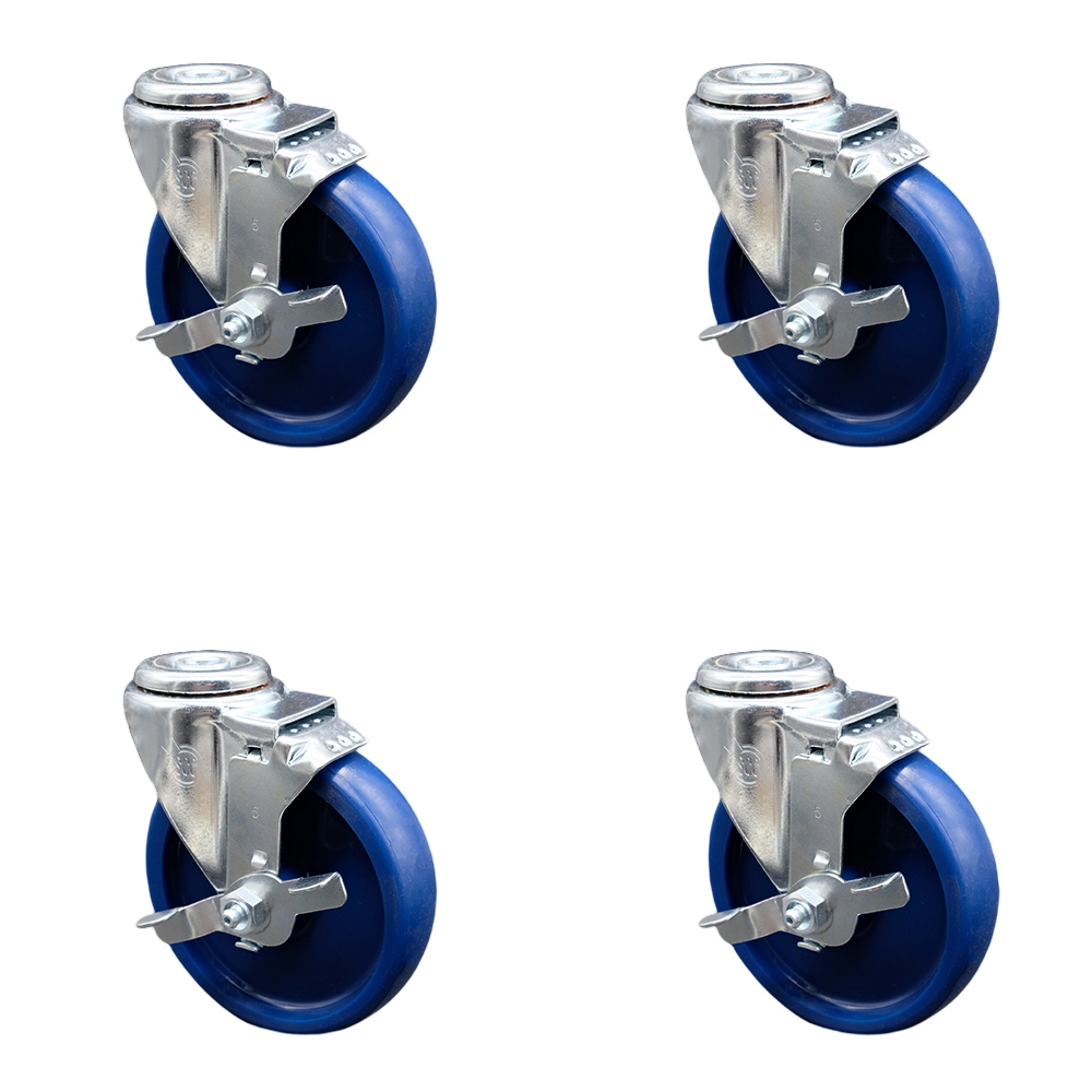 Stainless Steel Solid Polyurethane Swivel Bolt Hole Caster Set of 4 w/5" x 1.25" Blue Wheels - Includes 4 Swivel with Top Lock Brakes - 1200 lbs Total Capacity - Service Caster Brand — photo 1